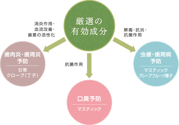 厳選の有効成分：歯肉炎、歯周病の予防、虫歯・歯周病予防、口臭予防